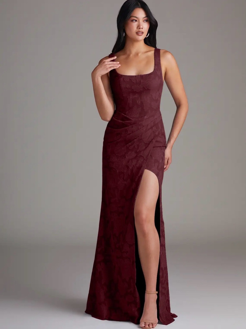 Azazie Mero Cabernet Ruched Maxi Dress with Slit